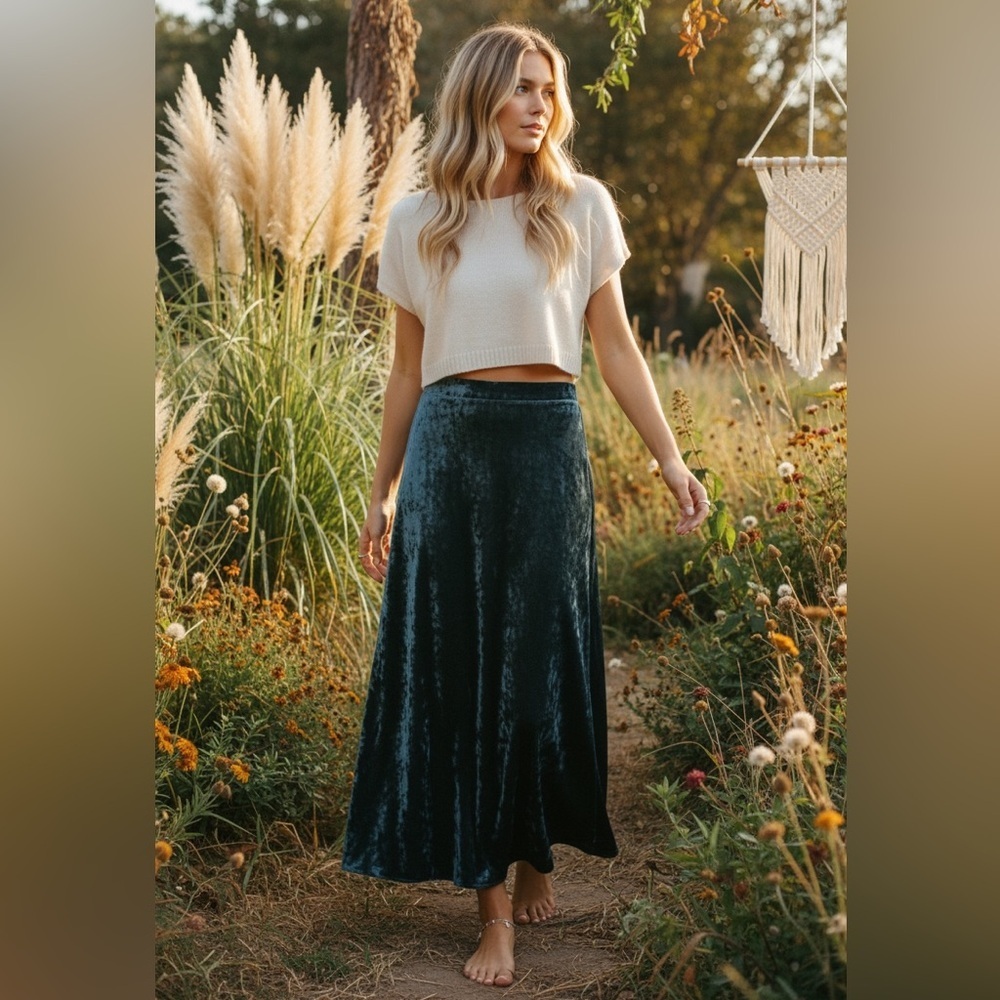 Maeve Anthropologie Green Velvet Maxi Skirt Small Holiday - Picture 2 of 7